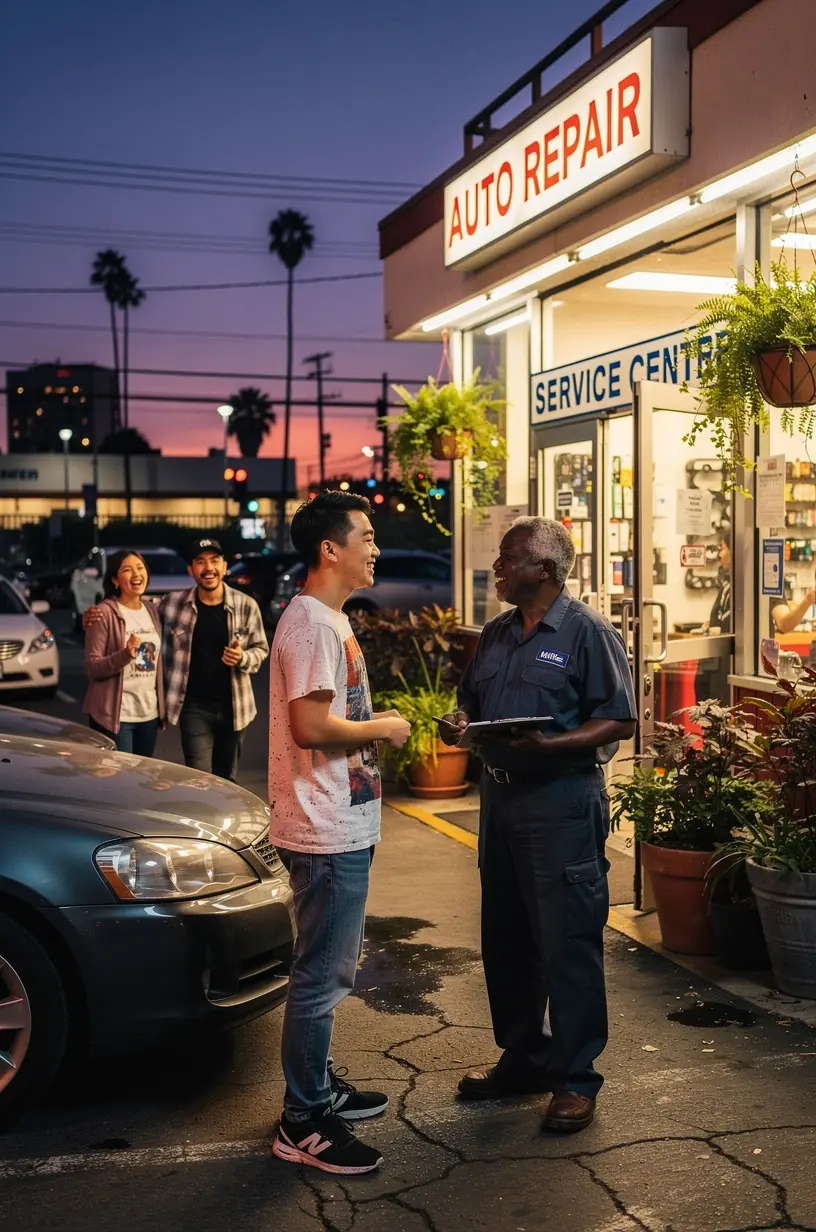 Customer scheduling a fast appointment for car service at a Los Angeles auto repair center reception desk